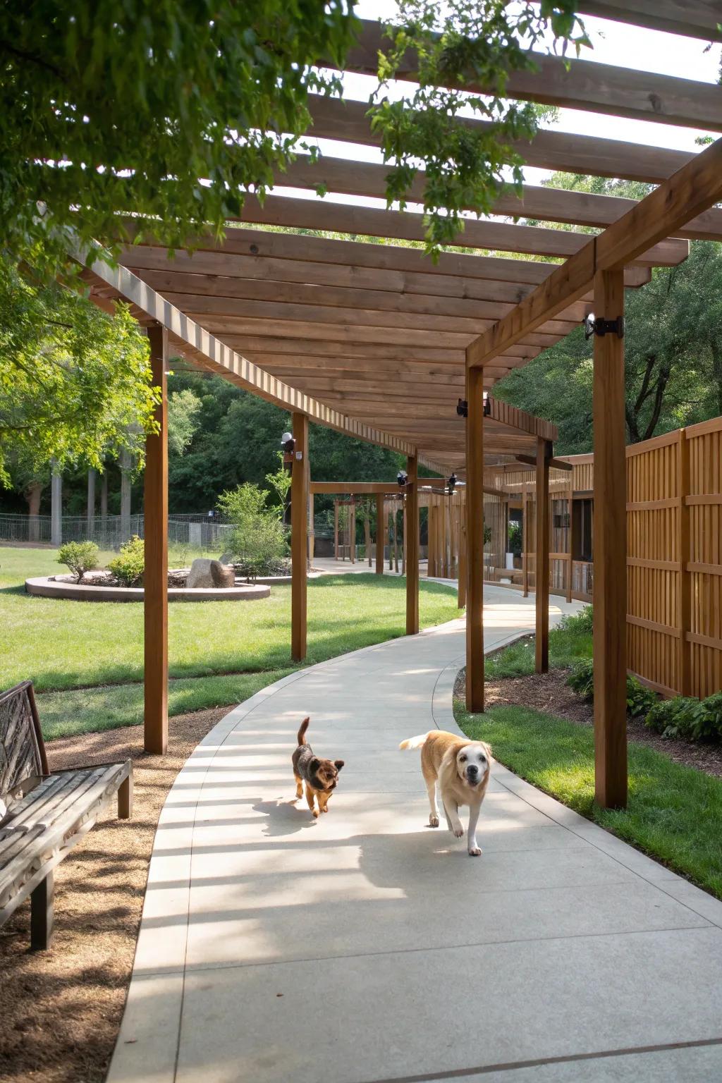 A pergola offers a perfect shaded retreat in a dog run.