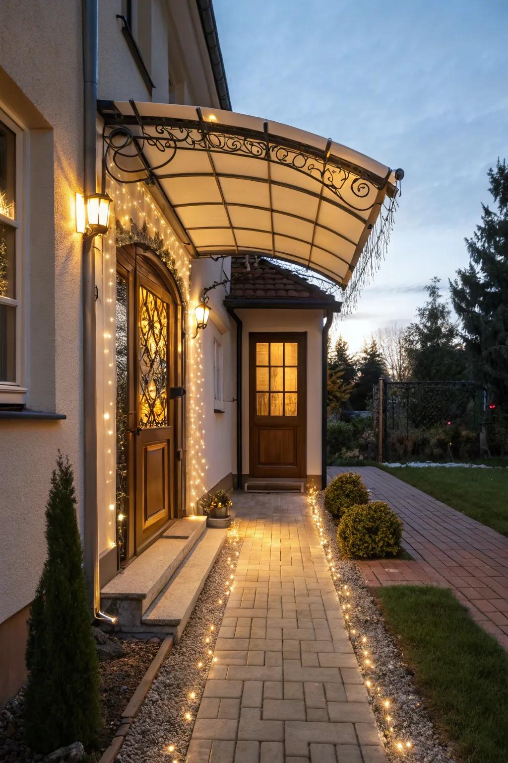 Integrated lighting transforms this awning into a nighttime feature.