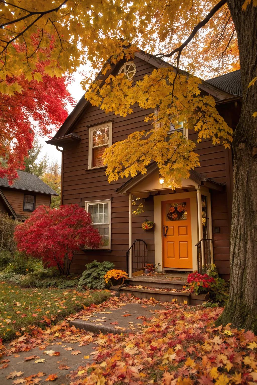 An orange door provides a warm, cozy touch to a brown house.