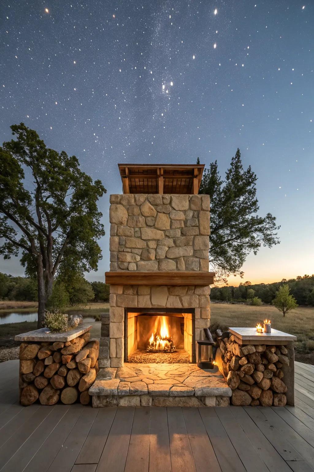 Experience the magic of an open-air fireplace under the stars.