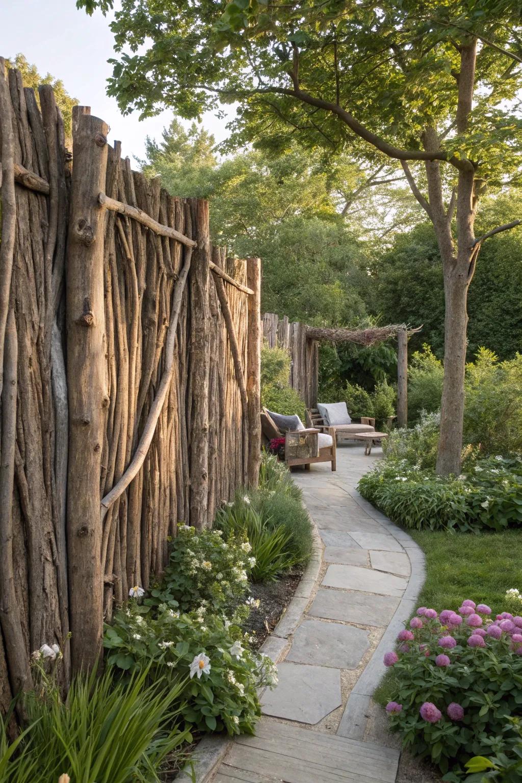 Solid driftwood panels for garden privacy.