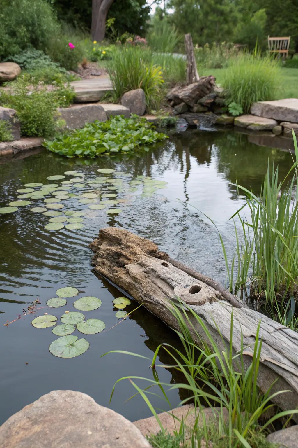 Driftwood enhancing the natural beauty of a garden pond.