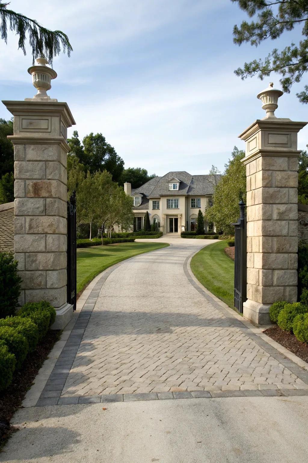 Stone pillars provide a robust and elegant entryway to your driveway.