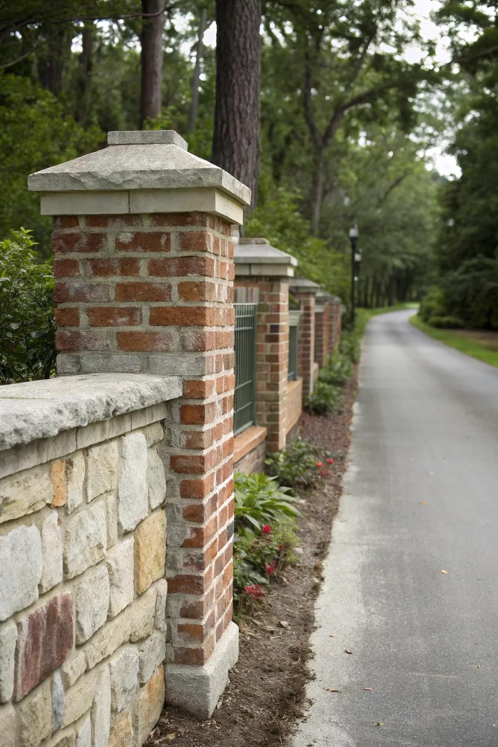 A contrasting stone cap adds a polished finish to this brick wall.