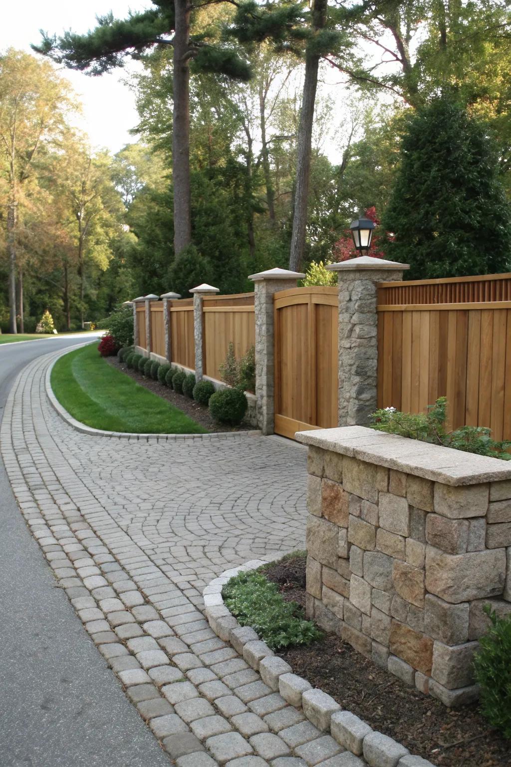 Stone and wood combine for a striking and solid fence design.