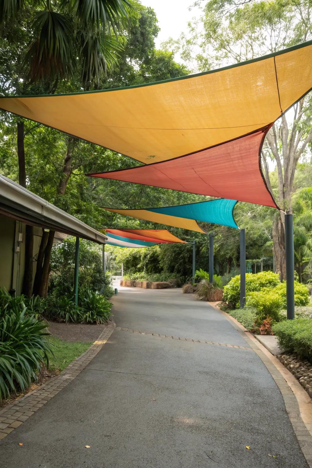 Shade sails offer a modern and adjustable solution for driveway coverage.