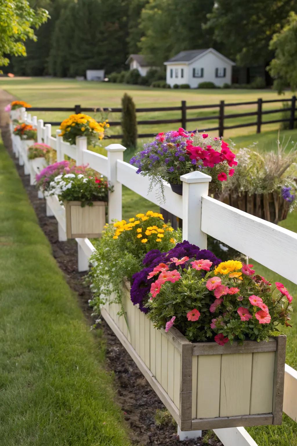 Plant boxes add a colorful touch to a split rail fence.