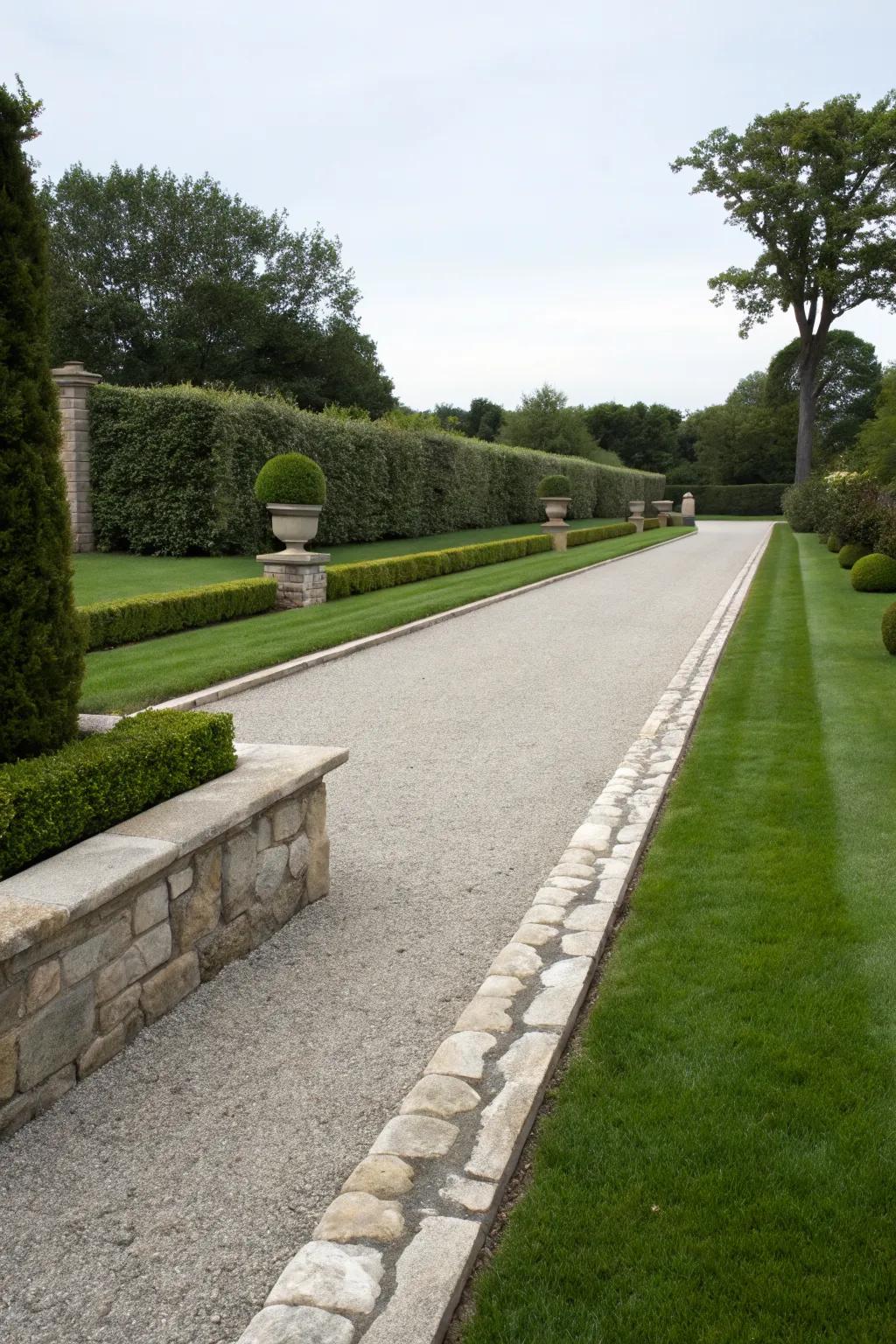 A driveway with elegant stone borders