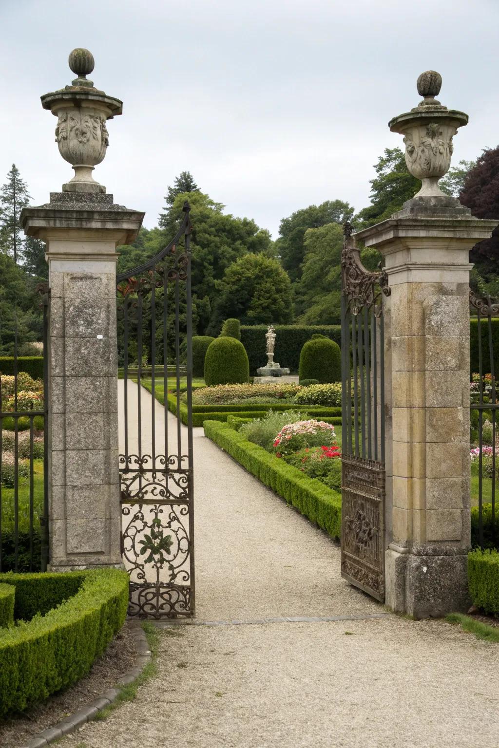 Symmetrical posts with decorative tops create a balanced entrance.