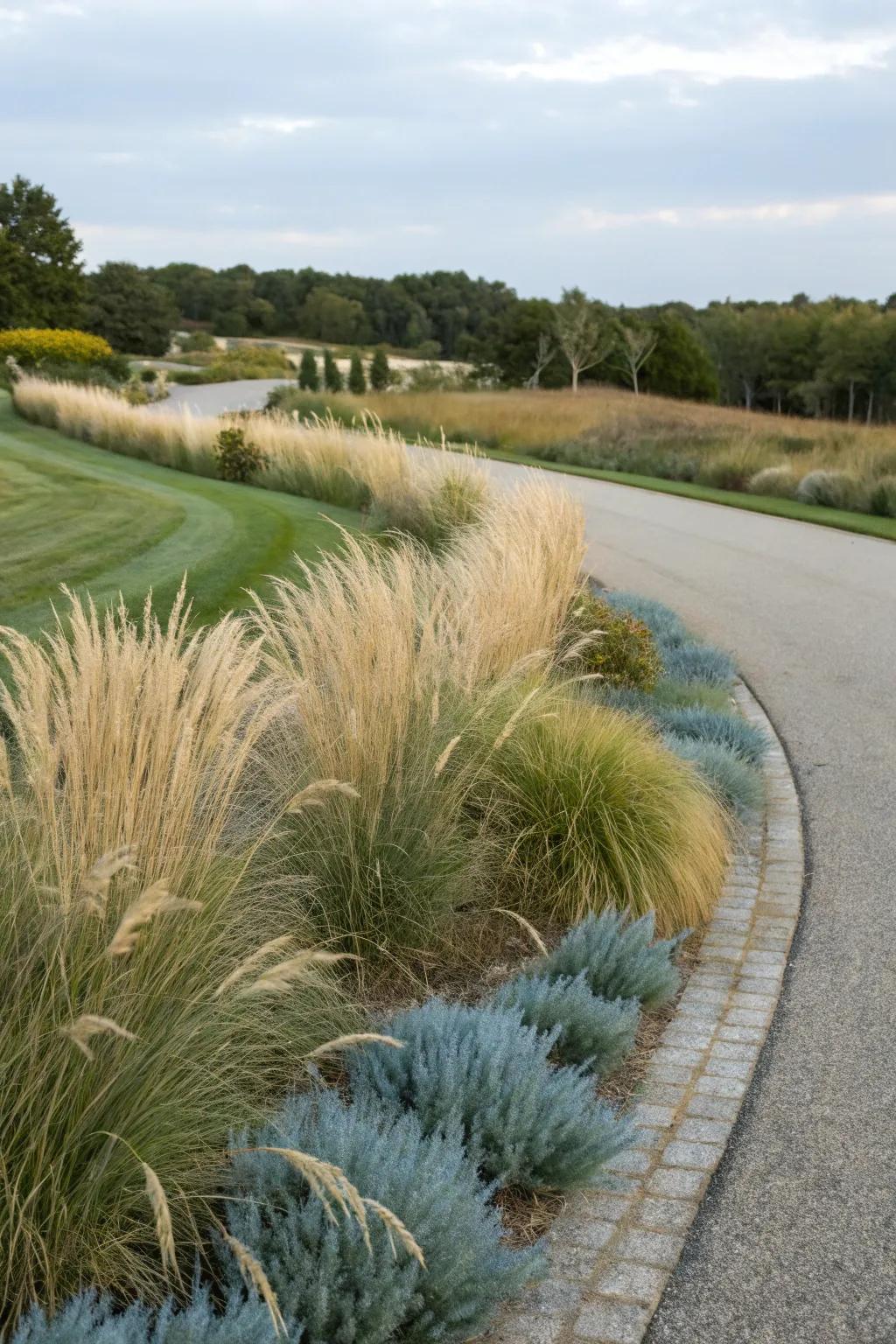 Ornamental grasses add elegance and movement to your driveway.