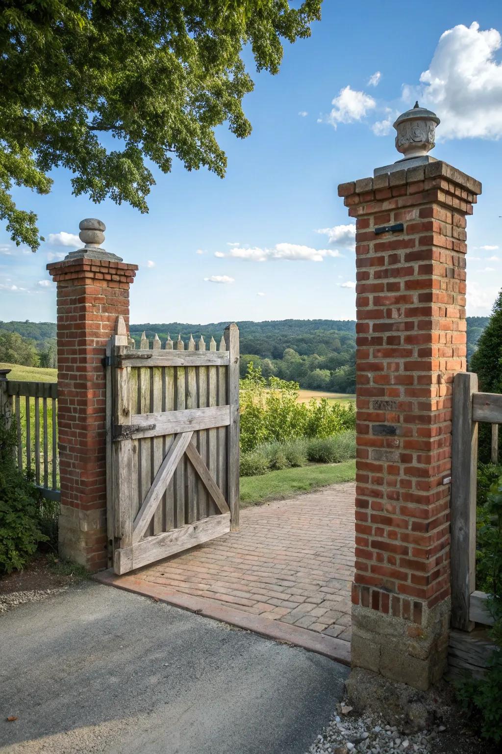 A wooden gate paired with brick pillars adds rustic charm.