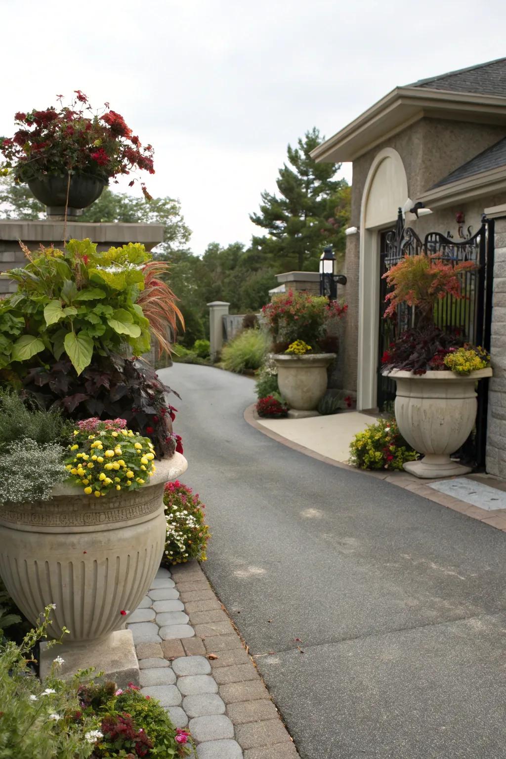 Enhance your driveway with charming potted plant arrangements.