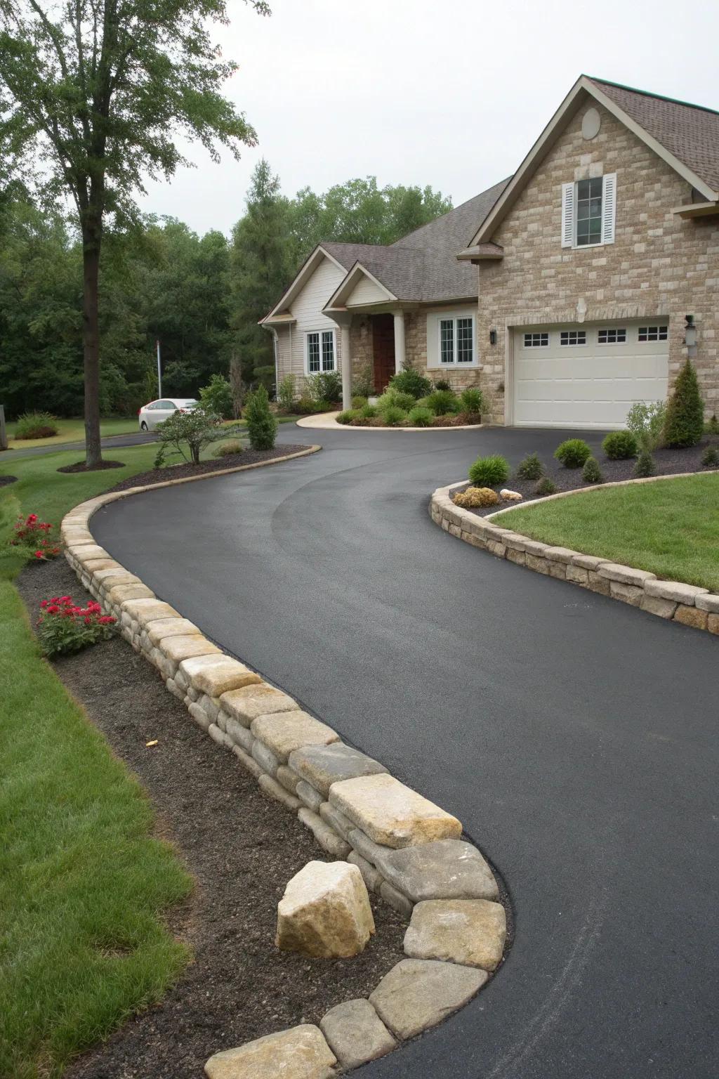 Decorative stone borders add character to a classic asphalt driveway.