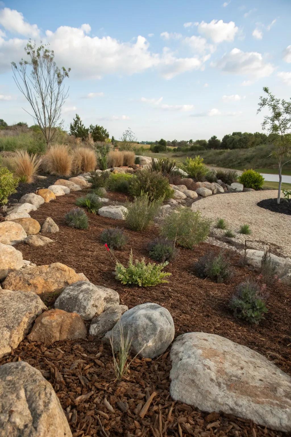 Mulch and ground cover provide a neat and vibrant finish to a dry pond.