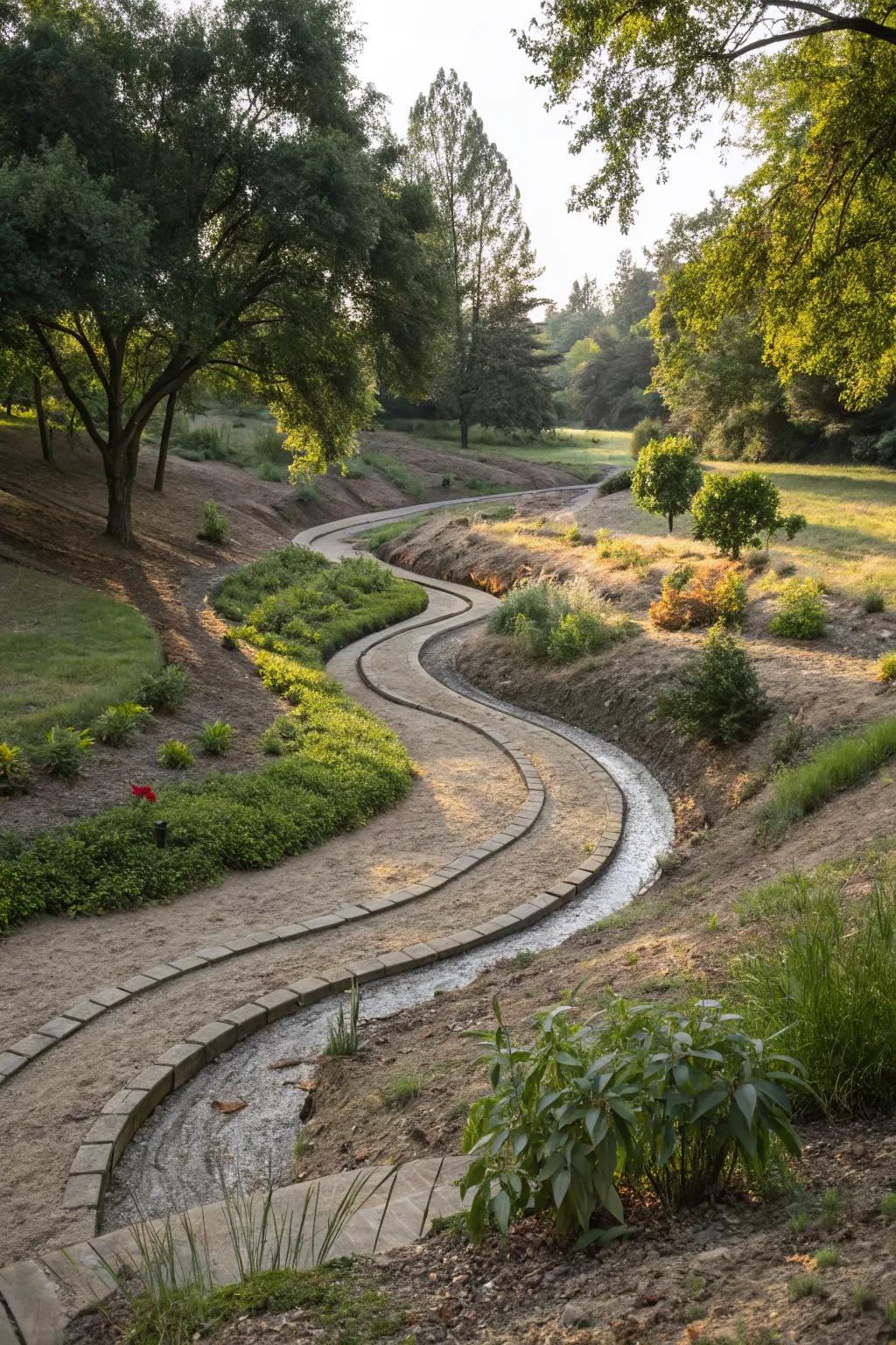 Curved lines in a dry river bed create a sense of movement.
