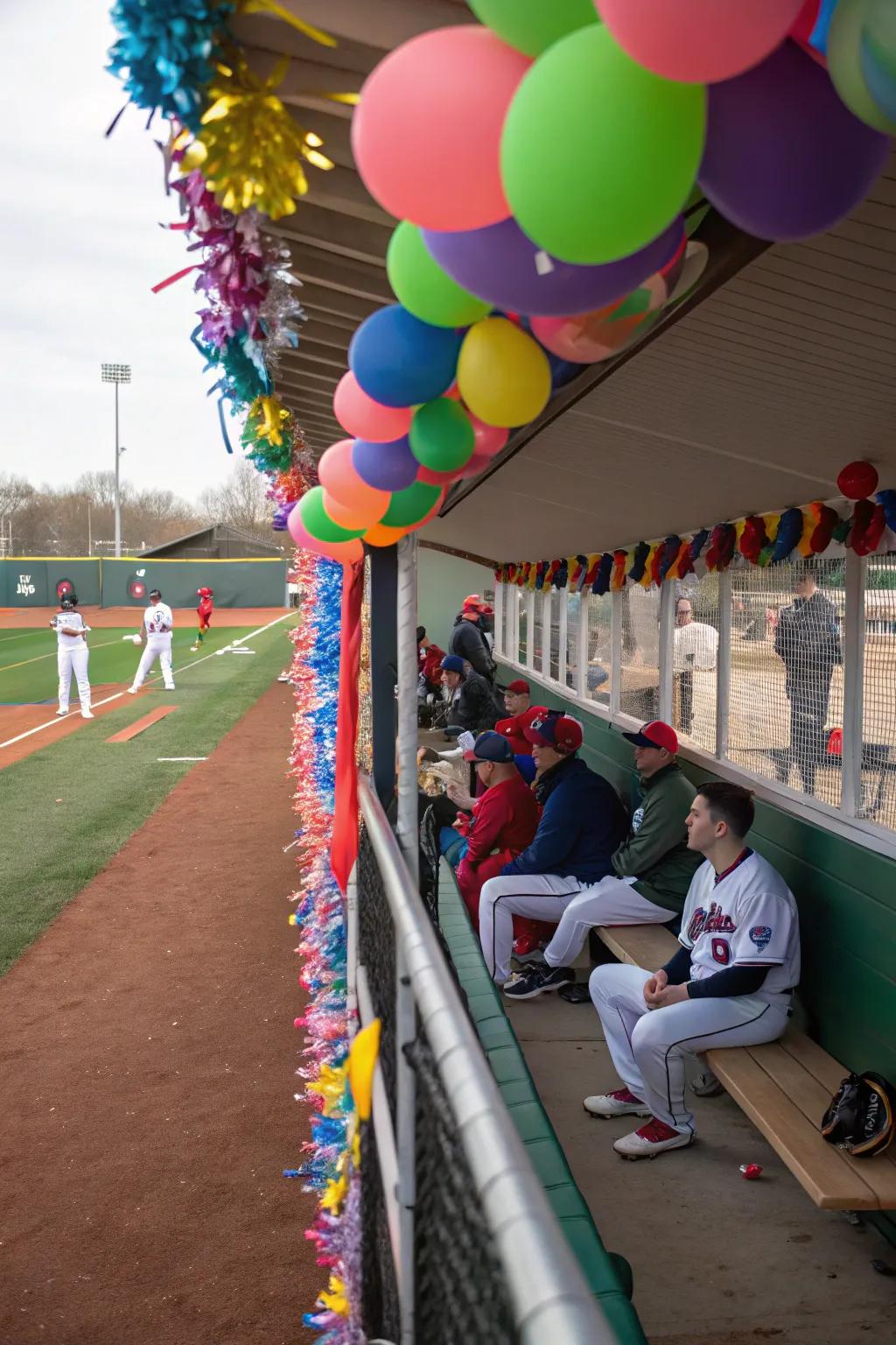 Team colors shine brightly with festive balloons and streamers.