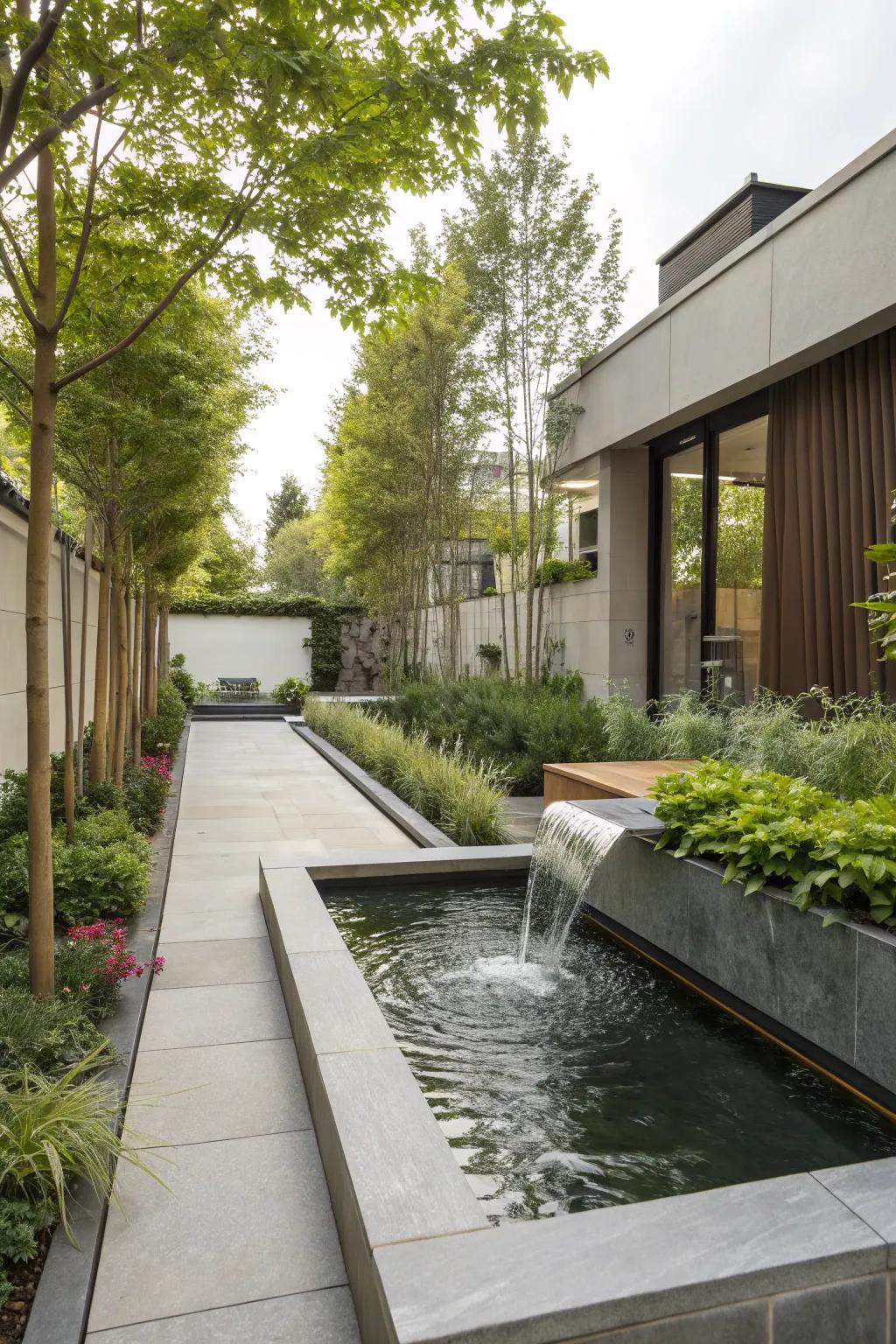 A modern water feature adds elegance and tranquility.