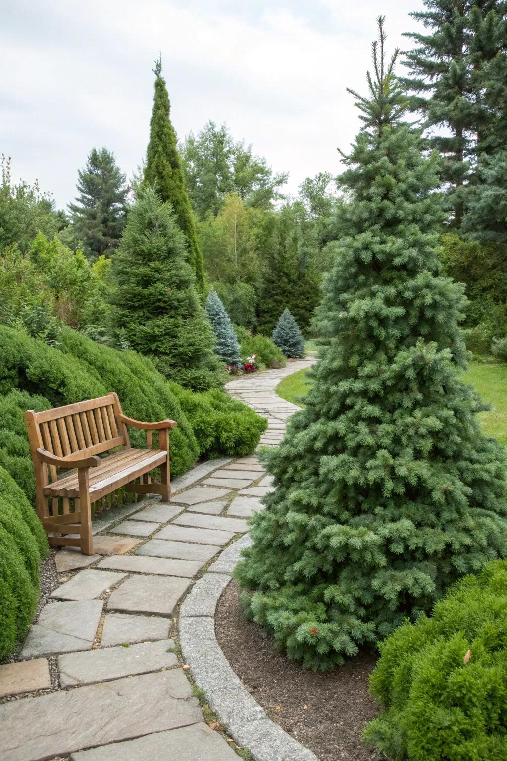 Dwarf Alberta spruce enhancing outdoor decor with natural elements.