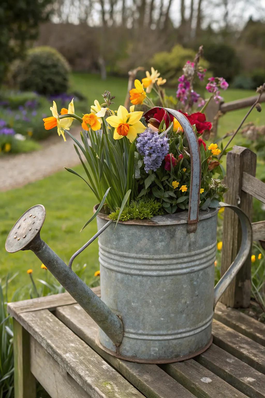Vintage watering can brings nostalgic charm, filled with vibrant blooms.