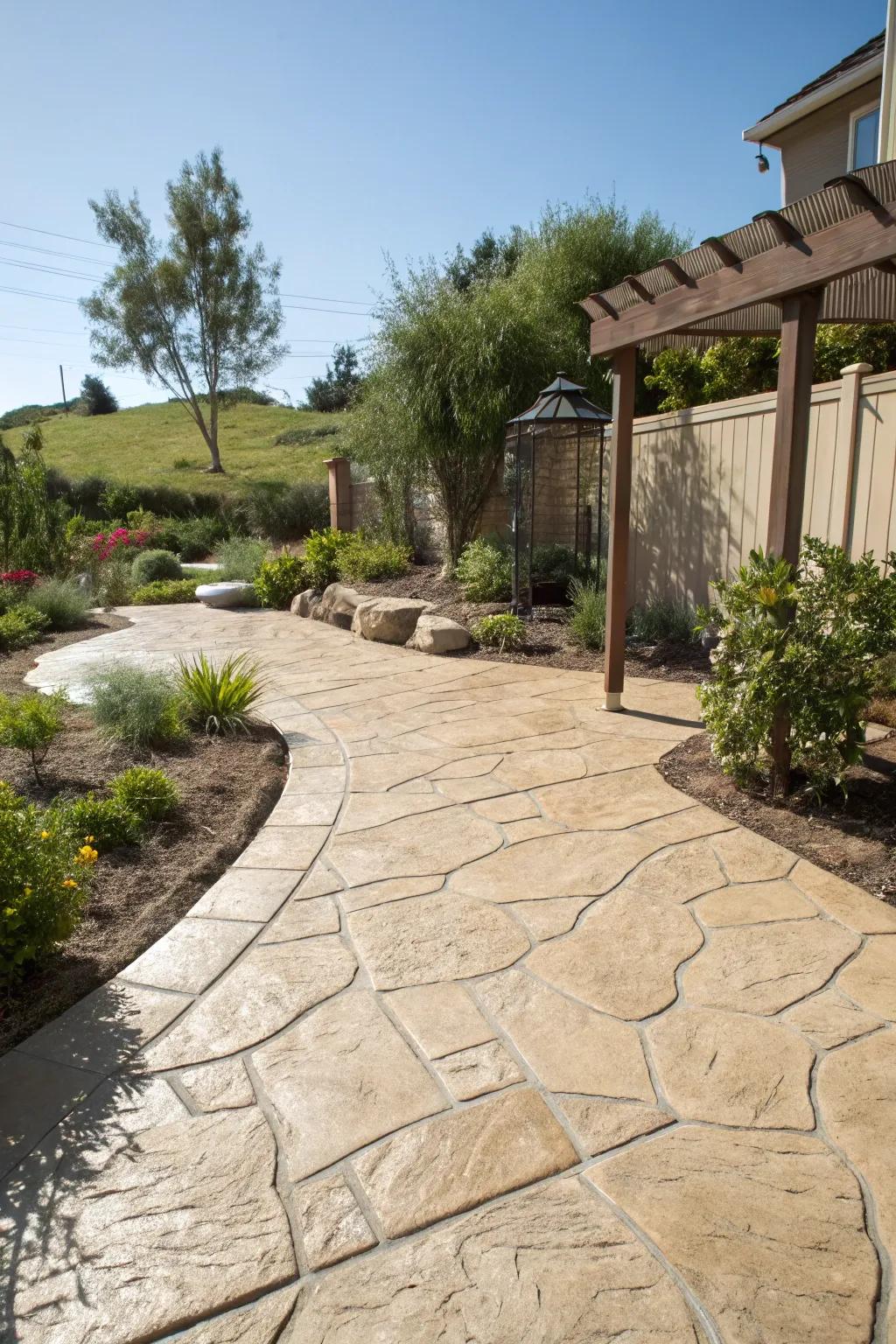 A tranquil backyard featuring sandy beige stone texture stamped concrete.