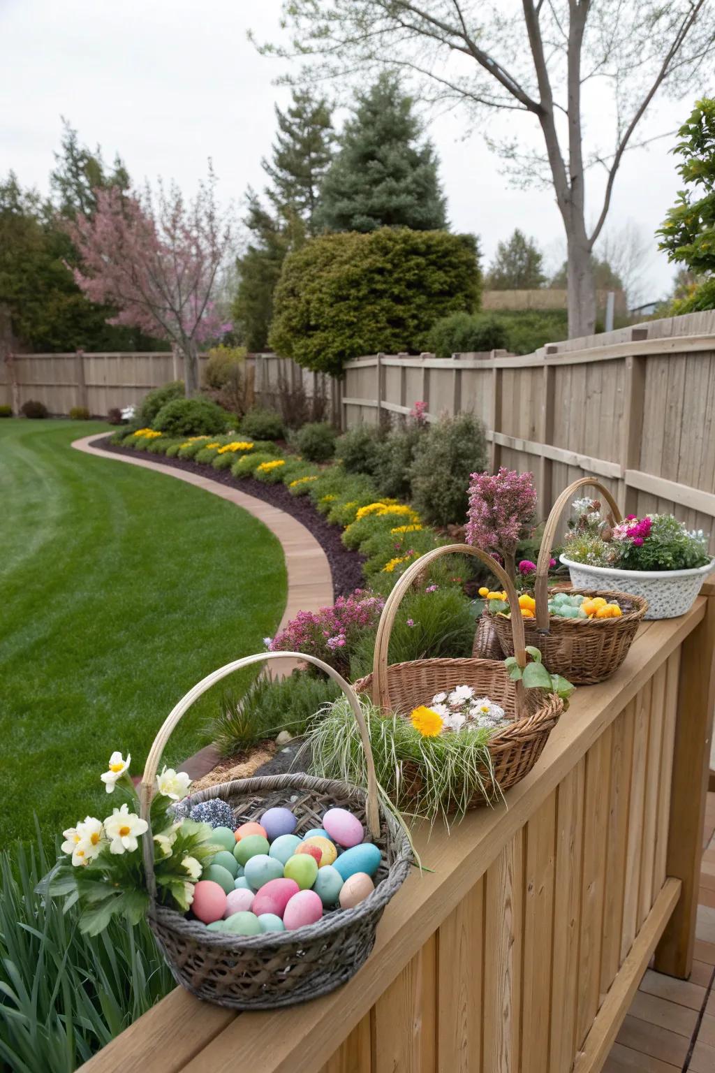 Create beautiful displays with baskets filled with Easter eggs and flowers.