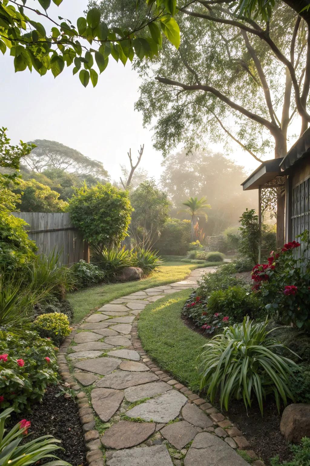 Stone pathways add charm and intrigue to the garden.