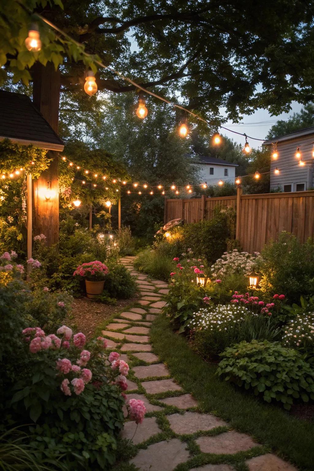 String lights and lanterns set a magical mood in the garden as dusk falls.