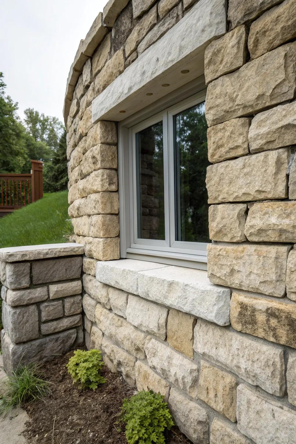 Retaining walls add structure and style to egress window areas.