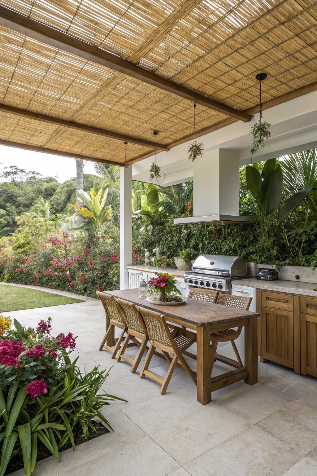 Tropical bamboo shades bring a vacation vibe to this outdoor kitchen.