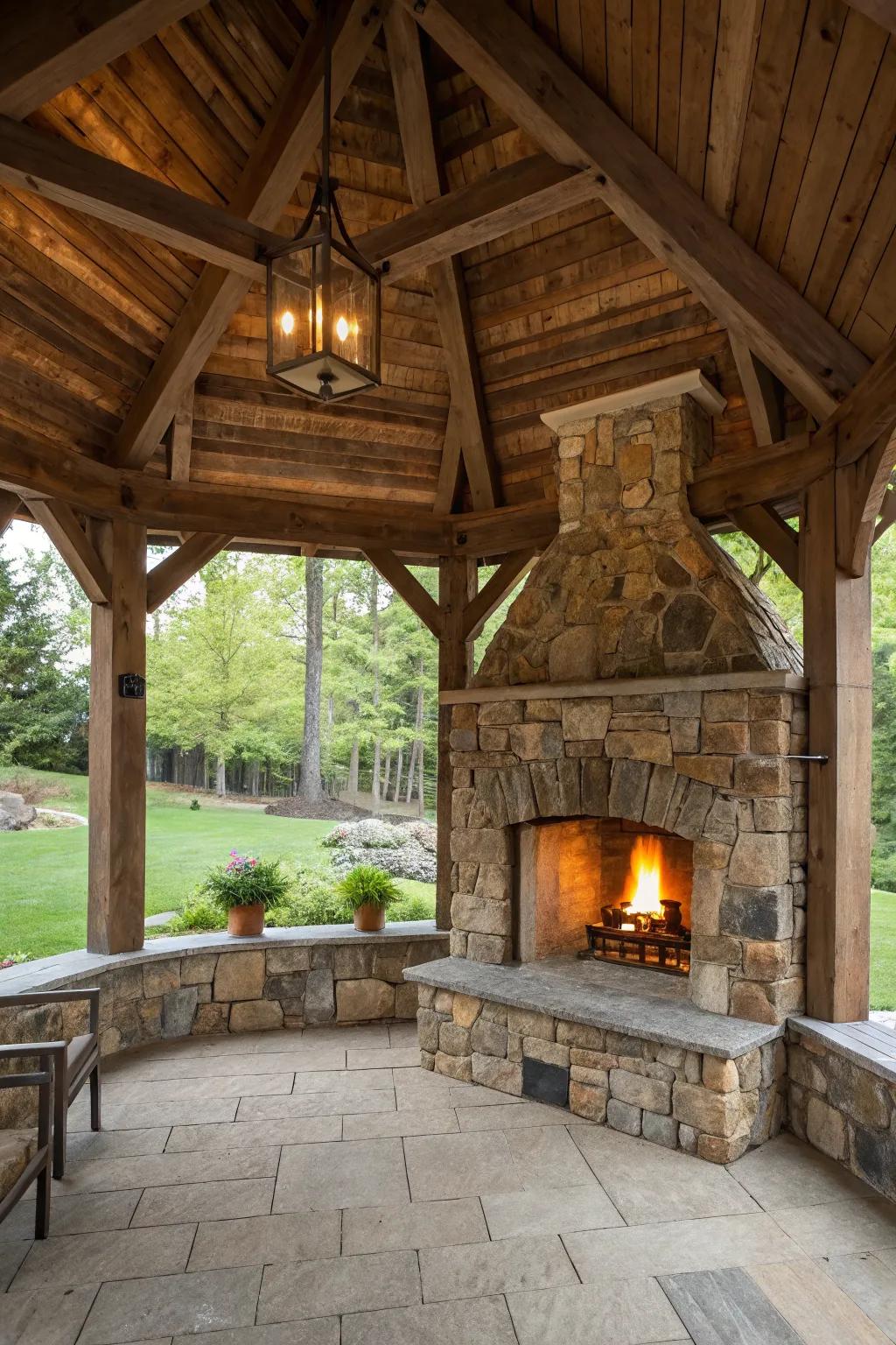 A rustic cabin-style pavilion perfect for cozy nights.