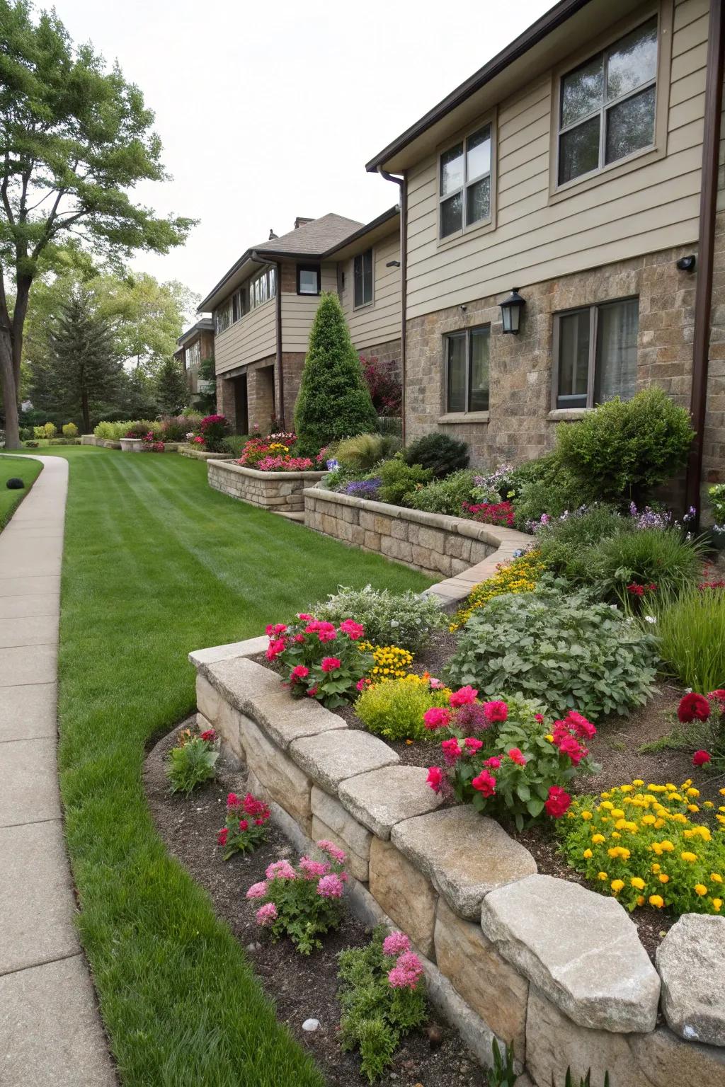 Stone borders provide a neat and polished appearance.