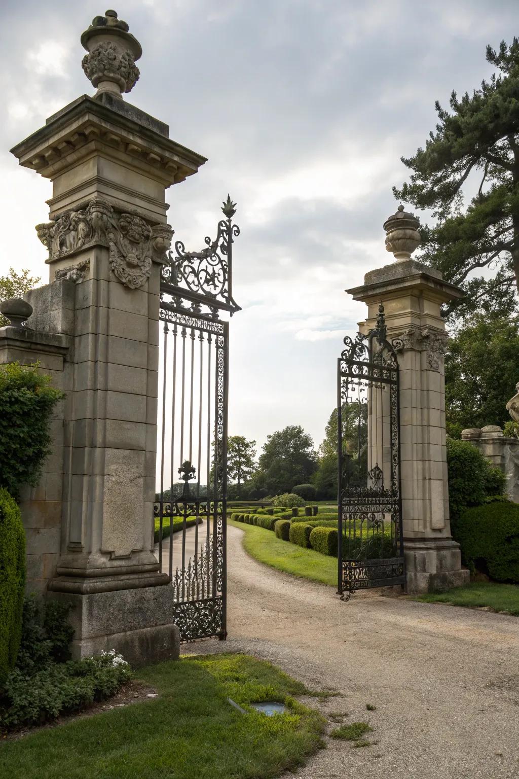 An ornate iron gate framed by stone pillars offers a grand entrance.