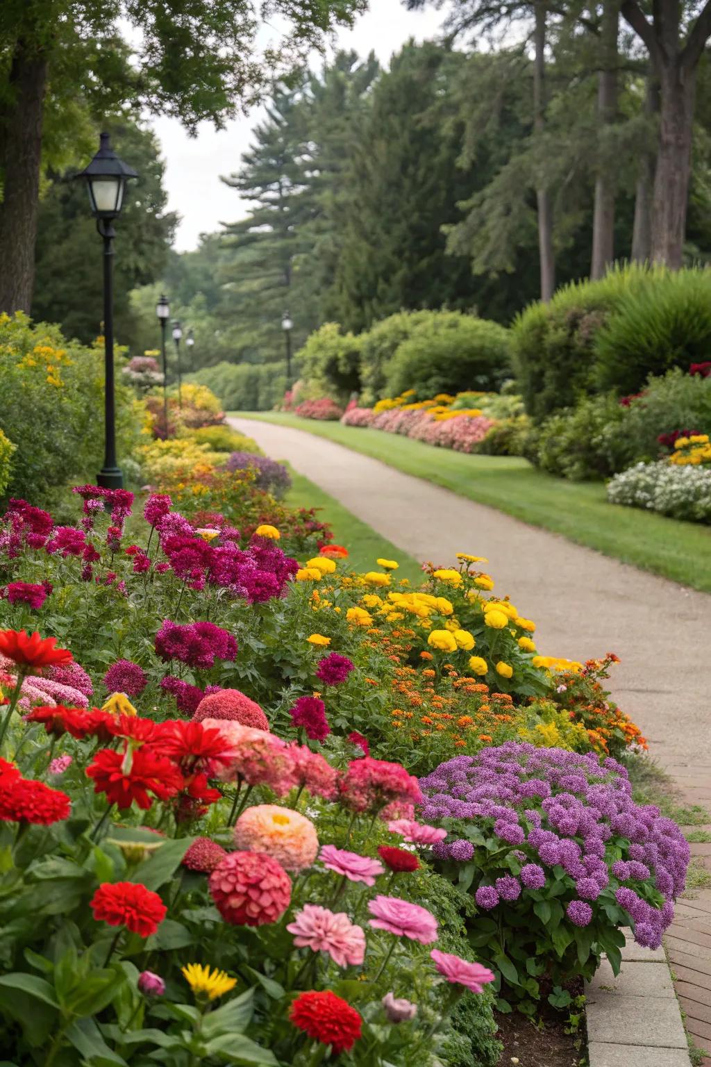 A dazzling array of colorful flowers in a well-designed garden bed.