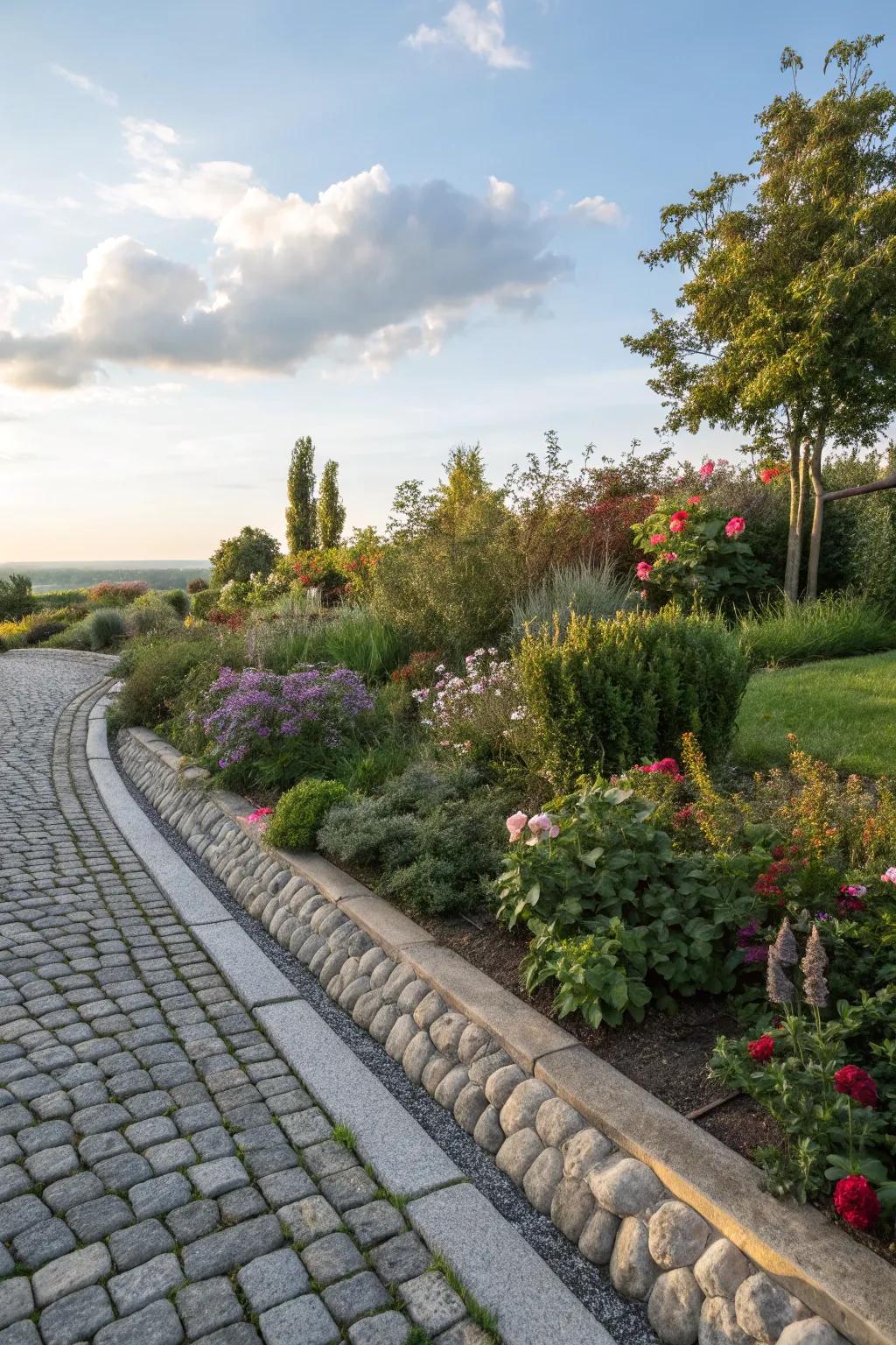 Stylish cobblestone edging for a defined garden look.
