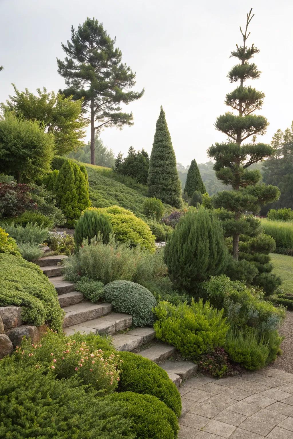 Layered planting with varying heights of evergreen plants.