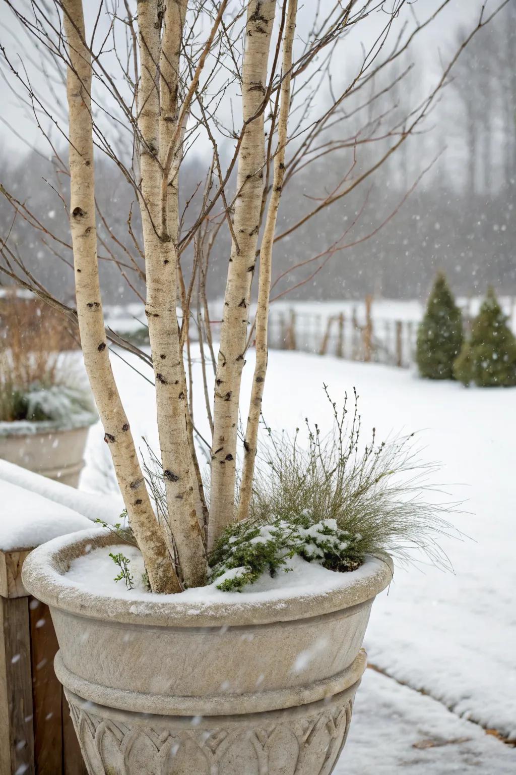 Birch branches offer a rustic flair and striking contrast.