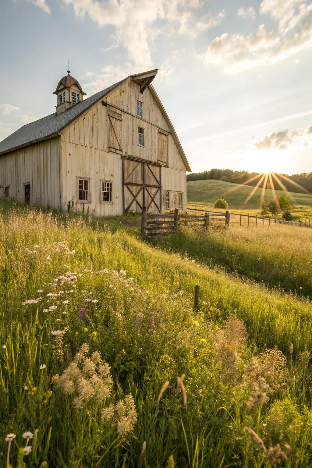 A warm beige barn that exudes comfort and charm.