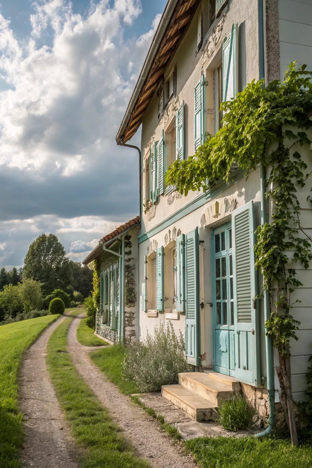 Shutters add rustic charm and enhance the overall aesthetic.