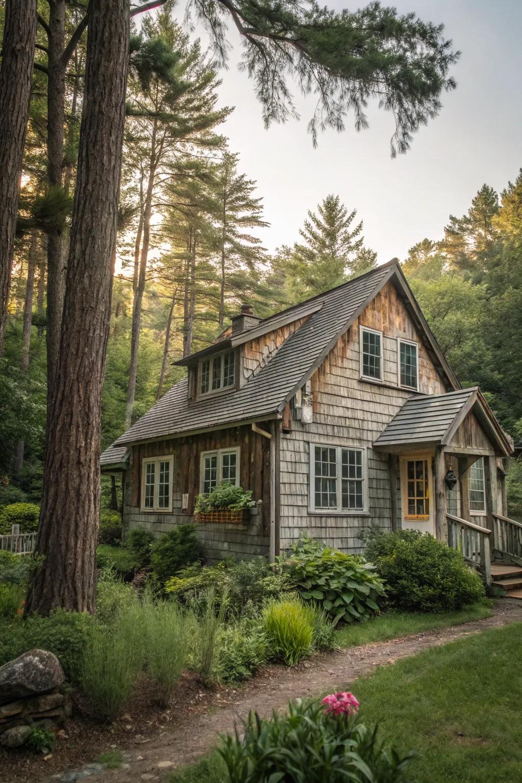 Cottage with weathered wood cladding
