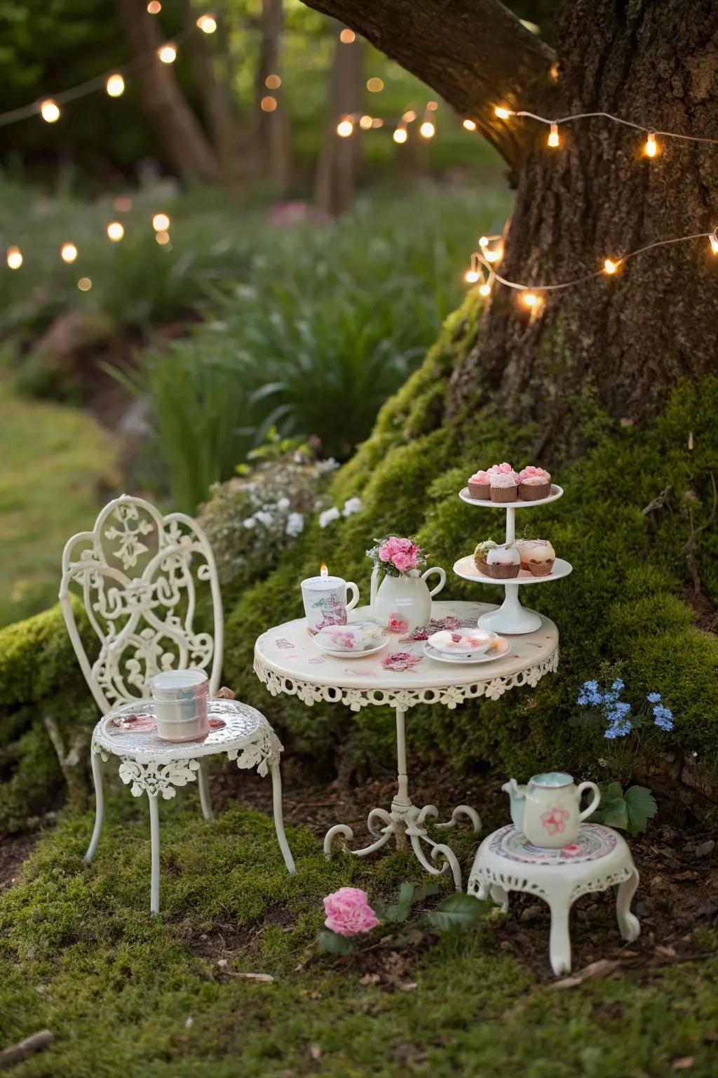 A cozy fairy tea party scene nestled under a leafy canopy.