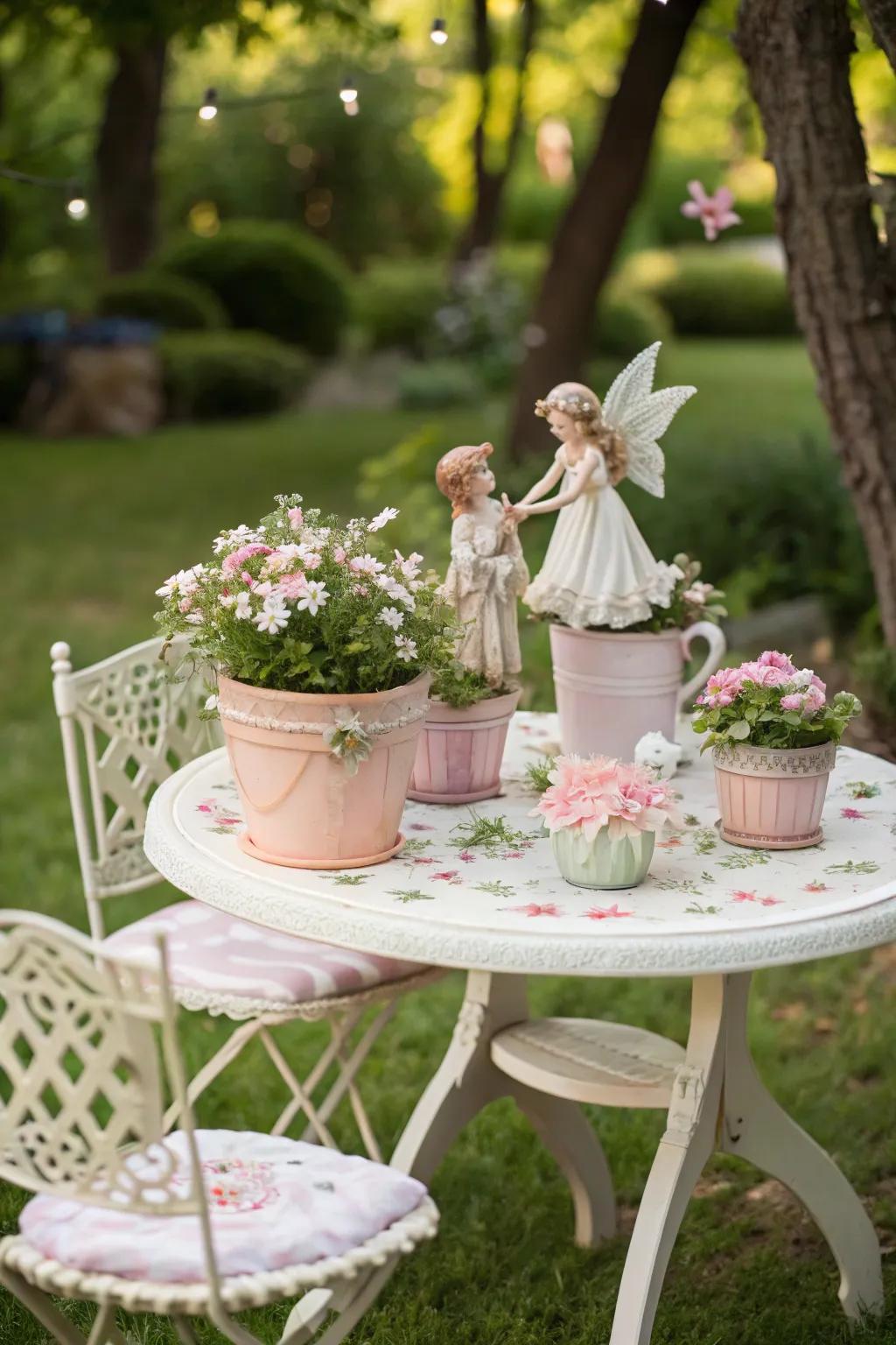 A fairy-themed table setting with whimsical figurines and decorative pots.