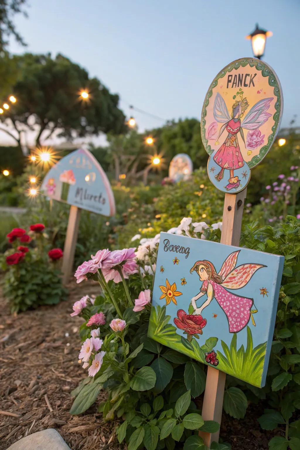 Hand-painted fairy garden signs with colorful and unique designs.