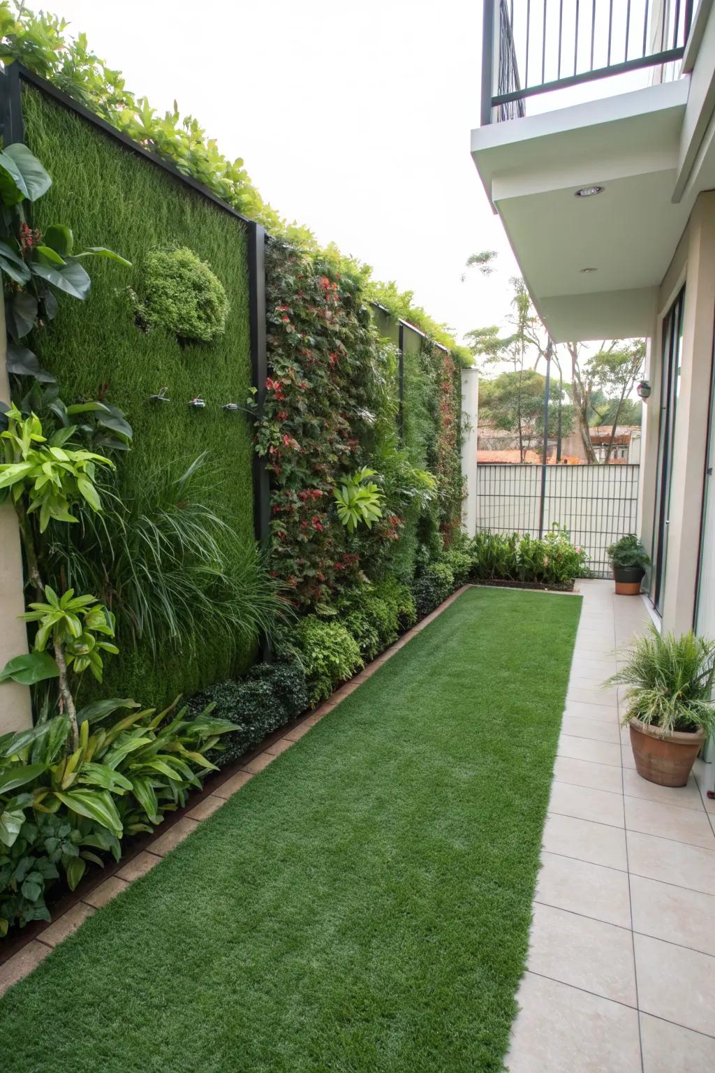 A lush vertical garden wall complementing artificial grass.