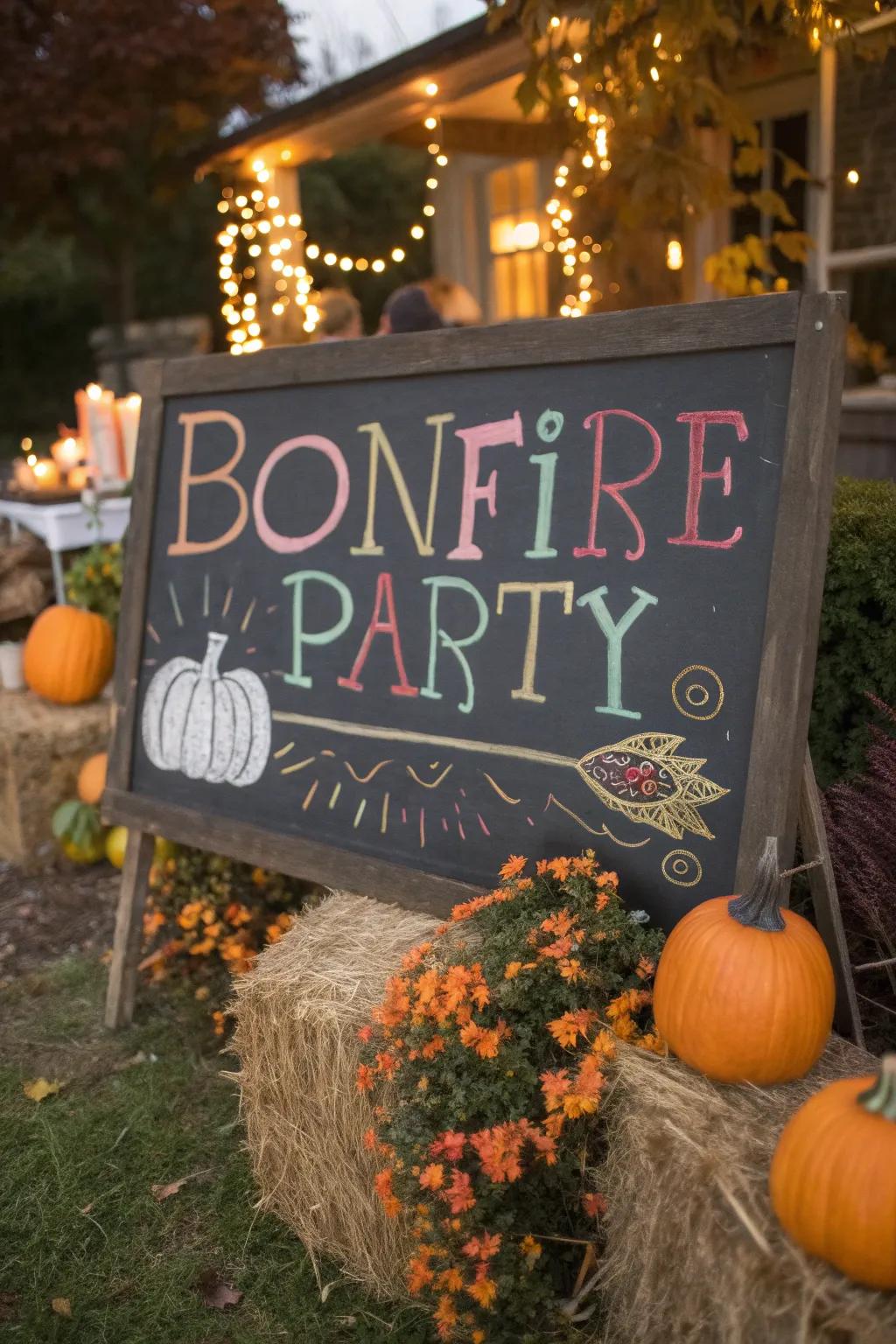 A charming chalkboard sign welcoming guests to a bonfire party.