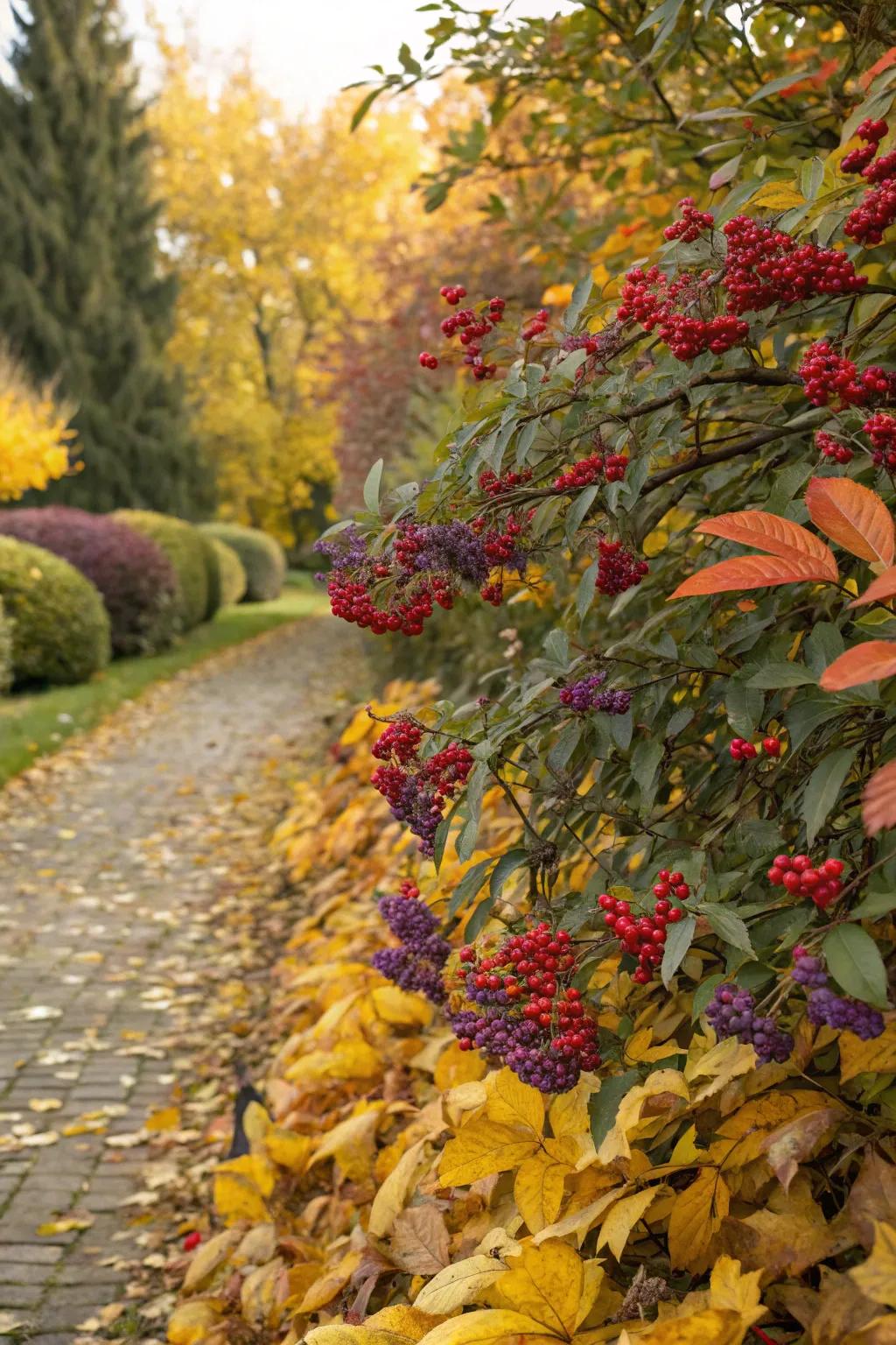 Berry bushes add color and life to garden borders.