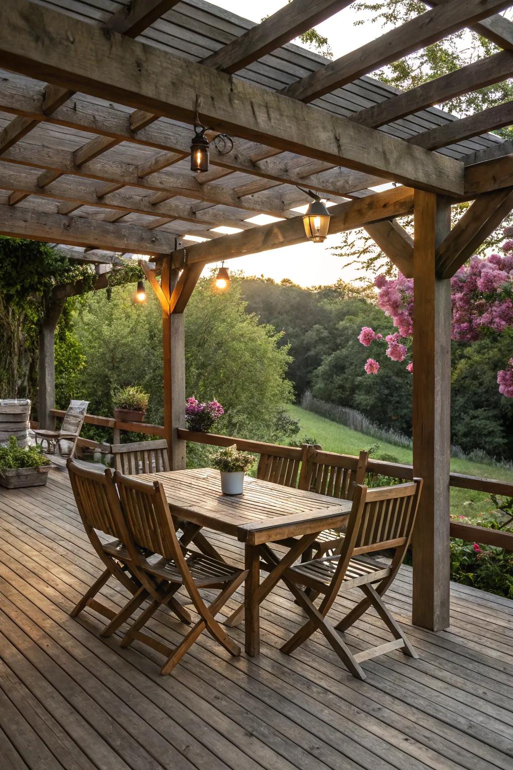 Rustic wooden furniture adds character and warmth to the deck setting.