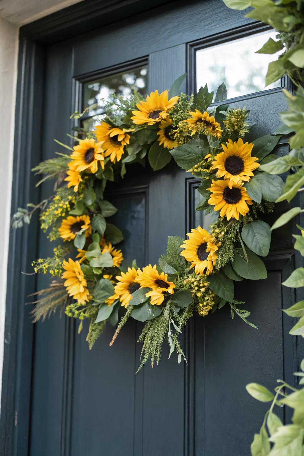 Bring sunshine to your door with a sunflower wreath.