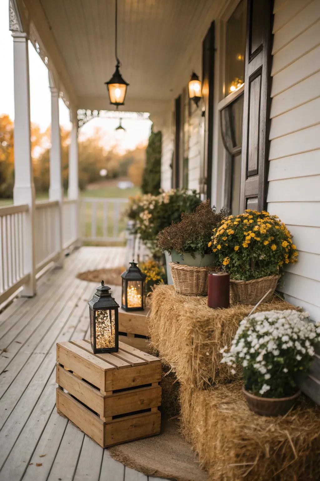 Rustic elements like hay bales add texture and charm.
