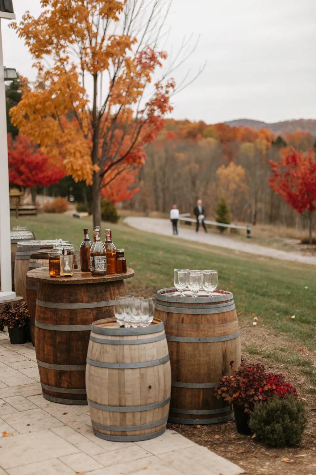 A rustic bourbon bar at a fall wedding reception.
