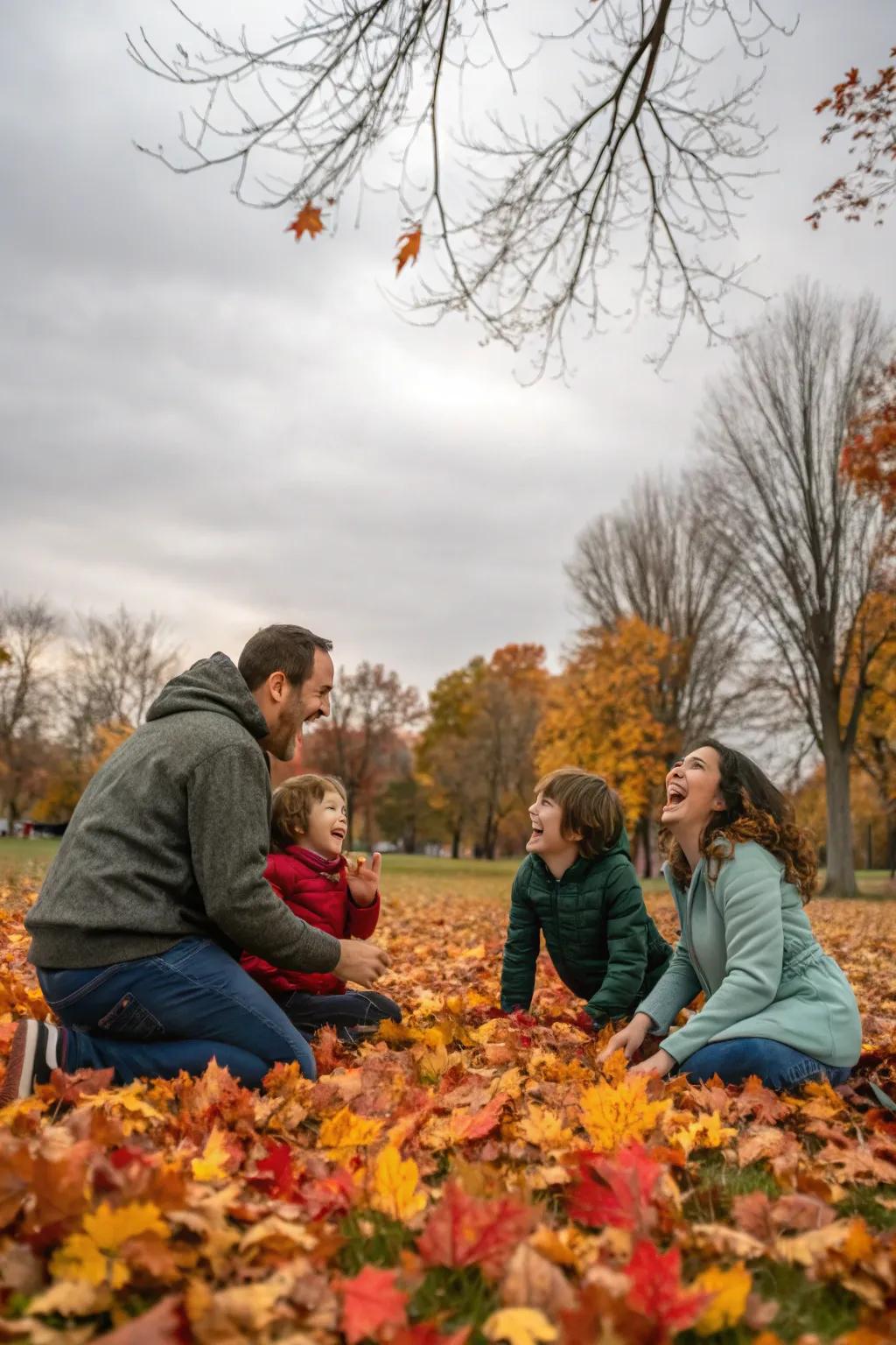 Autumn family fun, playing amidst a sea of colorful leaves.